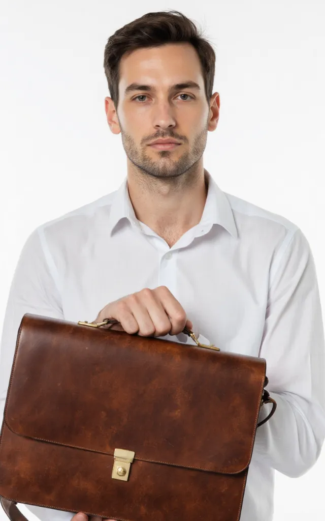 A French male model with a Vintage   style briefcase, wearing a shirt, against a white background, in a front   facing close   up